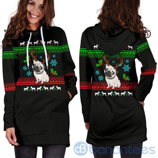 Reindeer Pug Christmas Hoodie Dress For Women Product Photo