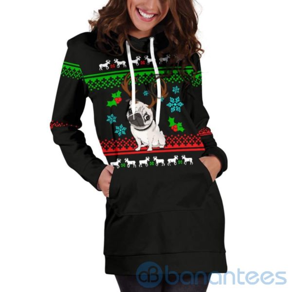 Reindeer Pug Christmas Hoodie Dress For Women Product Photo