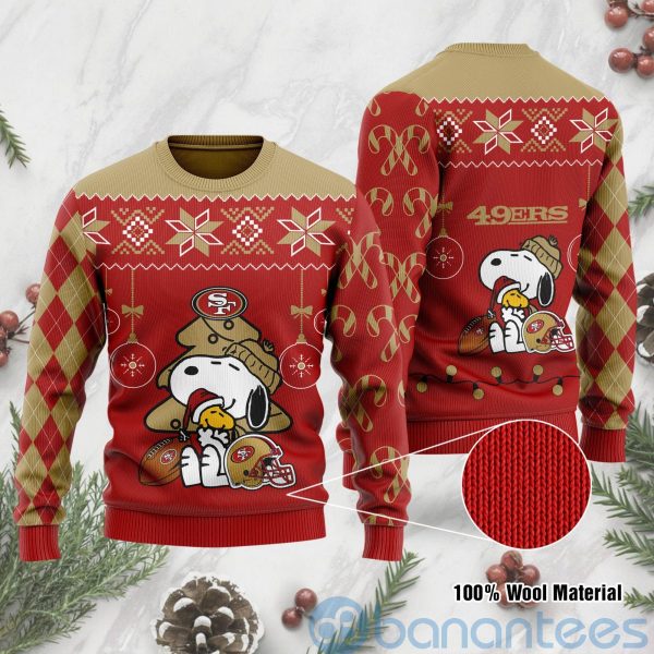San Francisco 49ers Funny Charlie Brown Peanuts Snoopy Christmas Tree Ugly Christmas 3D Sweater Product Photo