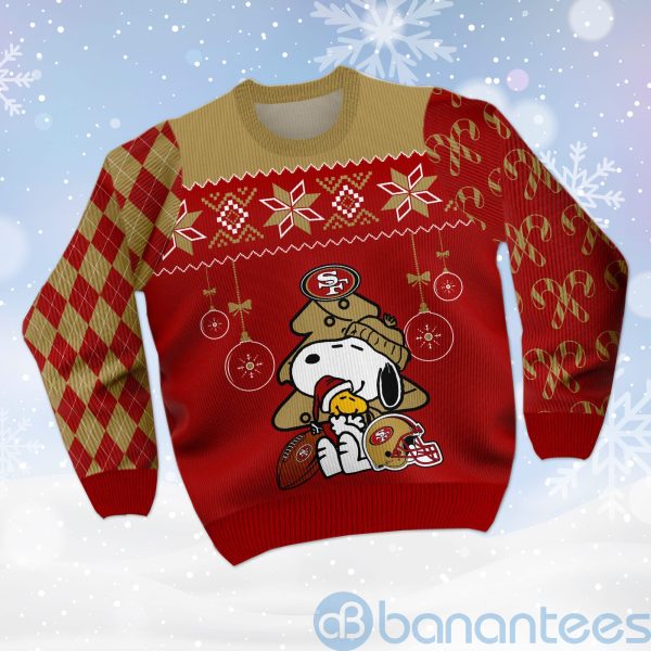 San Francisco 49ers Funny Charlie Brown Peanuts Snoopy Christmas Tree Ugly Christmas 3D Sweater Product Photo