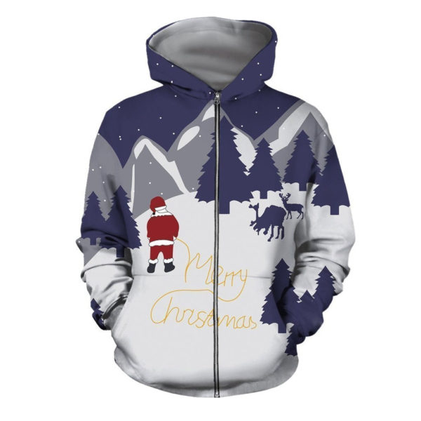 Santa And Deer Merry Christmas All Over Printed 3D Shirt - 3D Zip Hoodie - White