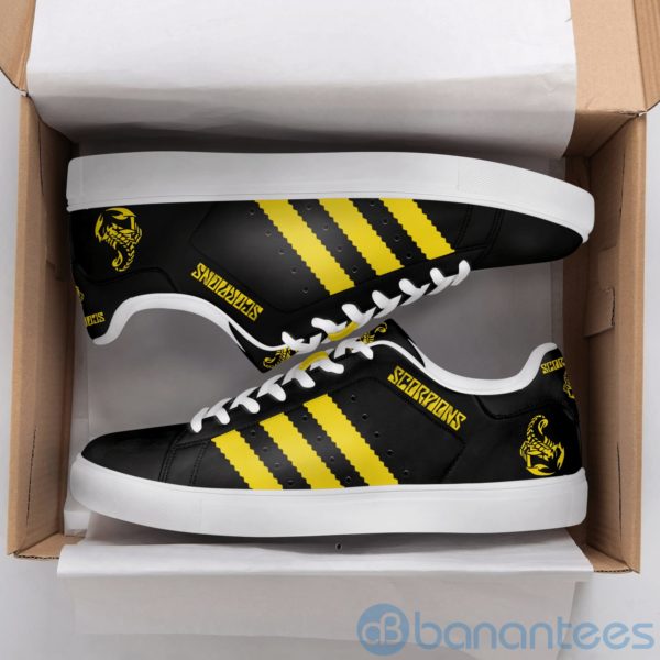 Scorpions Band Yellow Striped Black Low Top Skate Shoes Product Photo