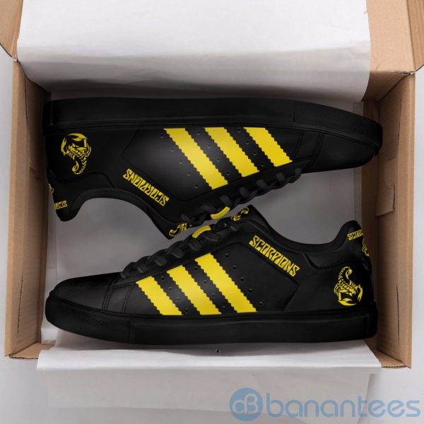 Scorpions Band Yellow Striped Black Low Top Skate Shoes Product Photo