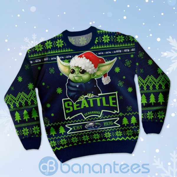 Seattle Seahawks Cute Baby Yoda Grogu Ugly Christmas 3D Sweater Product Photo