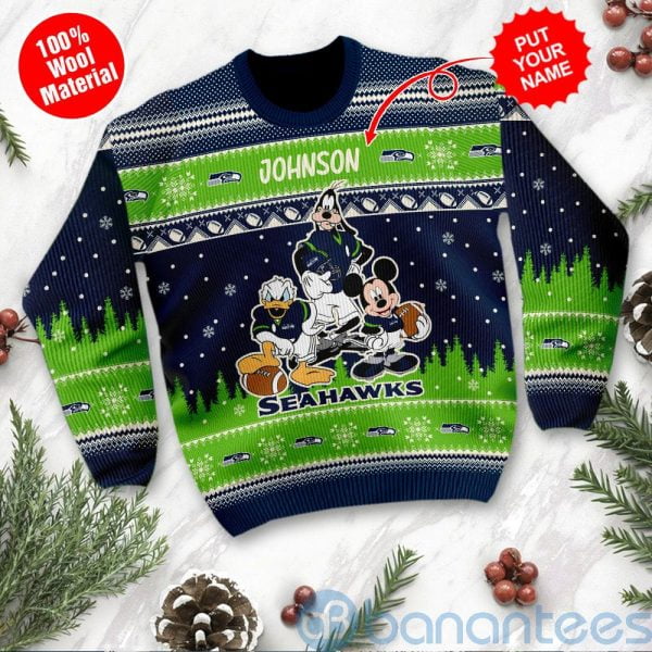Seattle Seahawks Disney Donald Duck Mickey Mouse Goofy Custom Name Ugly Christmas 3D Sweater Product Photo