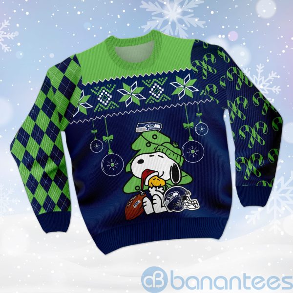 Seattle Seahawks Funny Charlie Brown Peanuts Snoopy Ugly Christmas 3D Sweater Product Photo