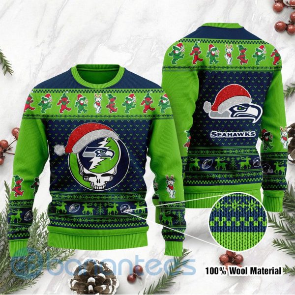 Seattle Seahawks Grateful Dead SKull And Bears Custom Name Ugly Christmas 3D Sweater Product Photo