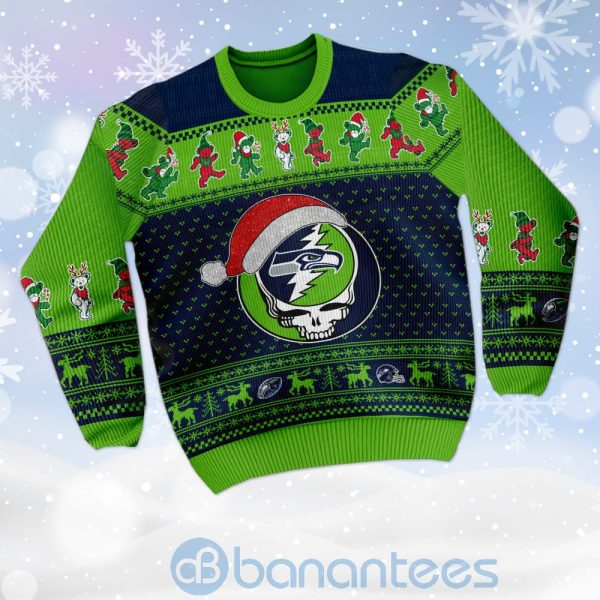 Seattle Seahawks Grateful Dead SKull And Bears Custom Name Ugly Christmas 3D Sweater Product Photo