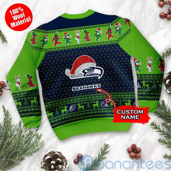 Seattle Seahawks Grateful Dead SKull And Bears Custom Name Ugly Christmas 3D Sweater Product Photo