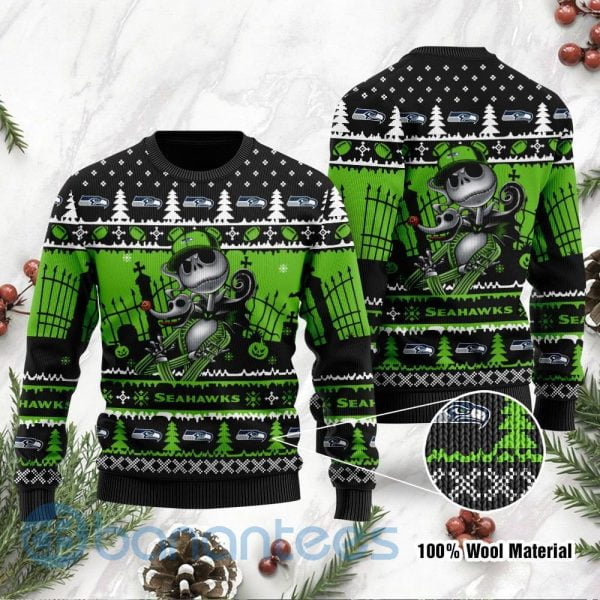Seattle Seahawks Jack Skellington Halloween Ugly Christmas 3D Sweater Product Photo