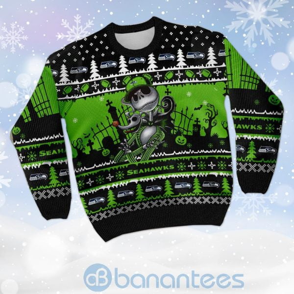Seattle Seahawks Jack Skellington Halloween Ugly Christmas 3D Sweater Product Photo