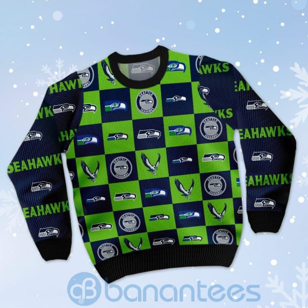 Seattle Seahawks Logo Checkered Flannel Design Ugly Christmas 3D Sweater Product Photo