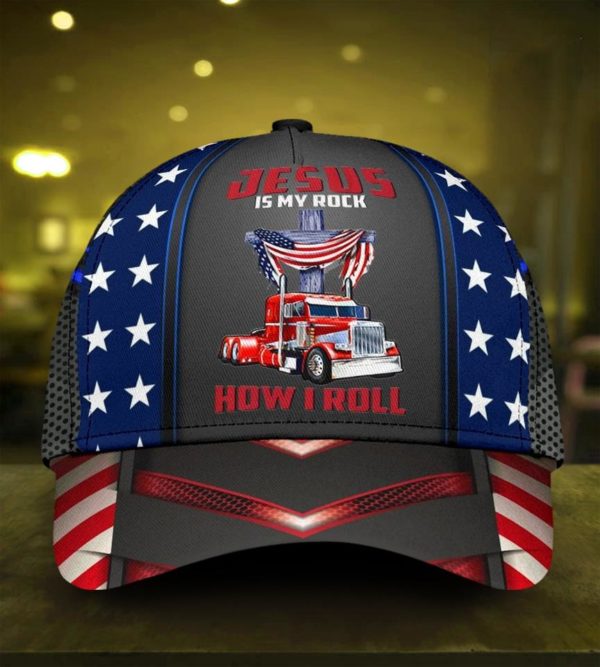Trucker Jesus Is My Rock And That's How I Roll All Over Printed 3D Cap Product Photo