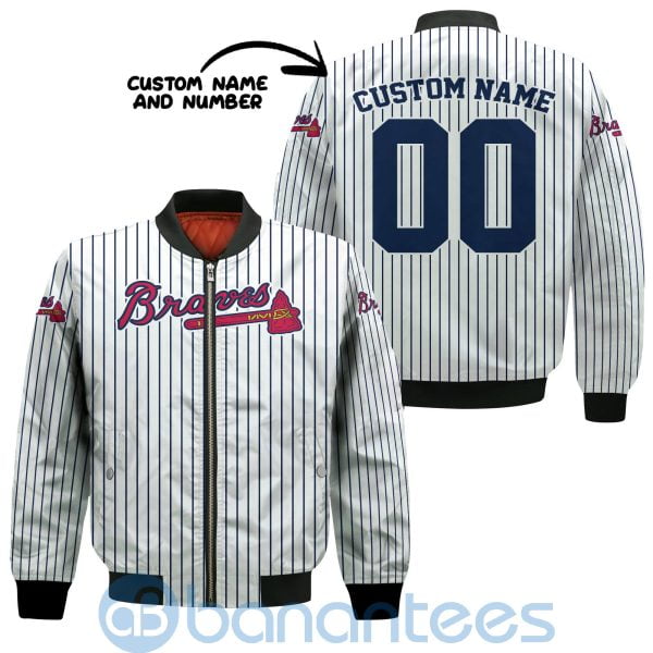 Atlanta Braves Stripes Custom Name Number Bomber Jacket Product Photo