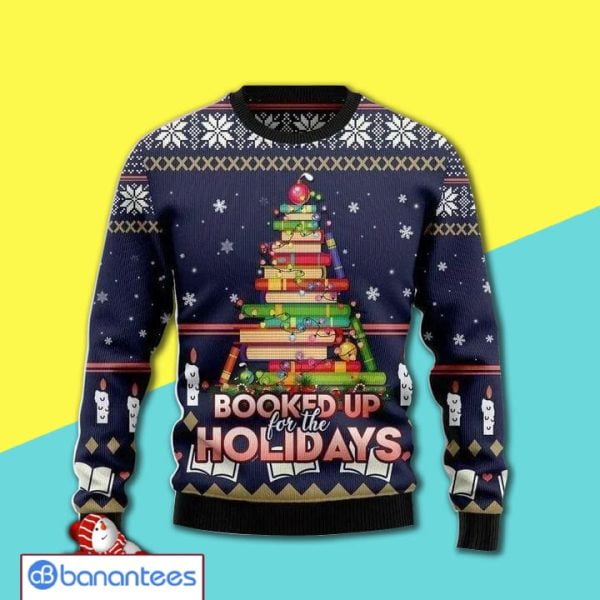 Christmas Patterns And Book Christmas Tree Booked Up For The Holidays Full Print Ugly Christmas Sweater Product Photo