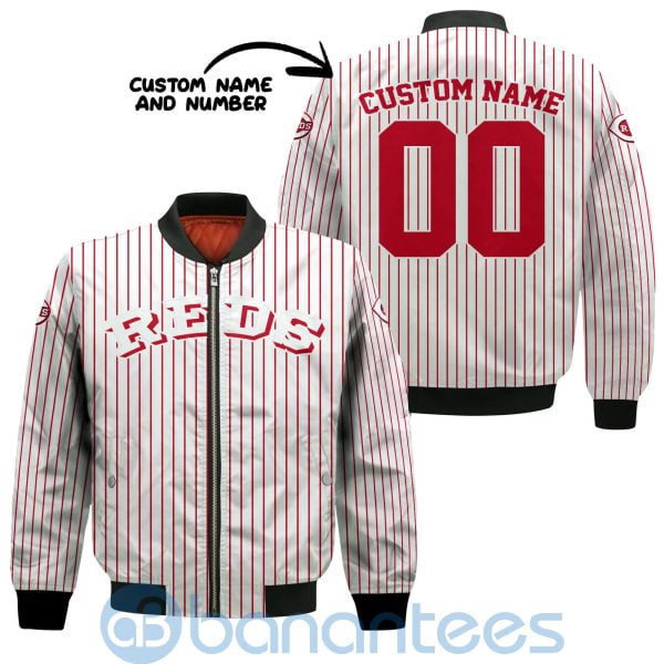 Cincinnati Reds Stripes Custom Name Number Bomber Jacket Product Photo