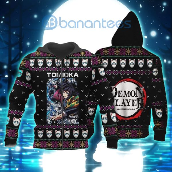 Demon Slayer Anime Giyu Tomioka Knitting Christmas All Over Printed 3D Shirt - 3D Zip Hoodie - Black