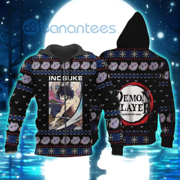 Demon Slayer Anime Inosuke Hashibira Knitting Christmas All Over Printed 3D Shirt - 3D Zip Hoodie - Black