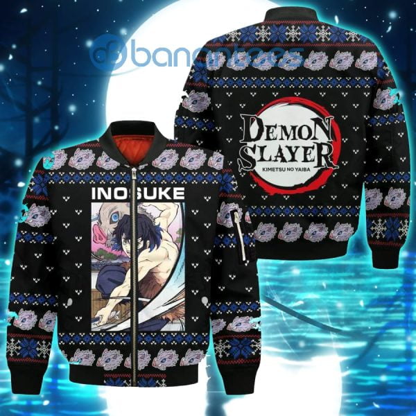 Demon Slayer Anime Inosuke Hashibira Knitting Christmas All Over Printed 3D Shirt - Bomber Jacker - Black