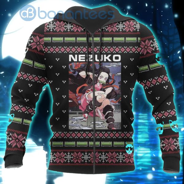 Demon Slayer Anime Nezuko Kamado Knitting Christmas All Over Printed 3D Shirt - 3D Zip Hoodie - Black