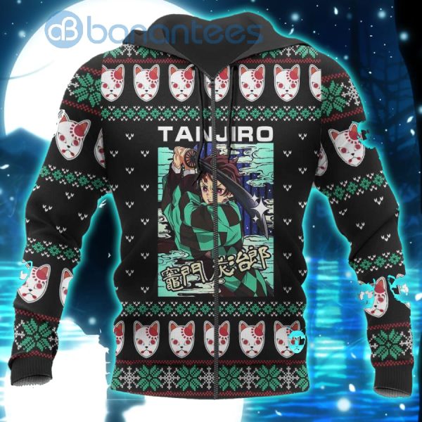 Demon Slayer Anime Tanjiro Kamado Knitting Christmas All Over Printed 3D Shirt - 3D Zip Hoodie - Black