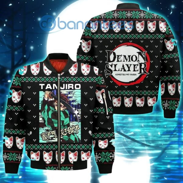 Demon Slayer Anime Tanjiro Kamado Knitting Christmas All Over Printed 3D Shirt - Bomber Jacker - Black