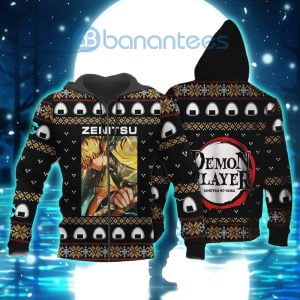 Demon Slayer Anime Zenitsu Agatsuma Knitting Christmas All Over Printed 3D Shirt - 3D Zip Hoodie - Black