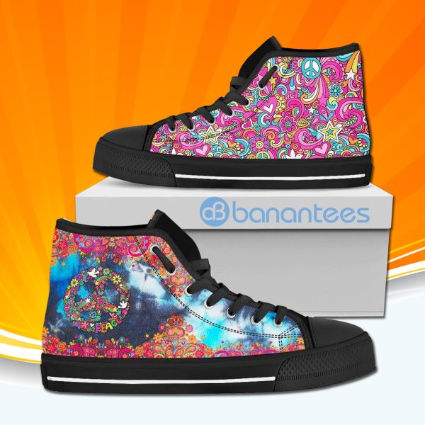 Floral Hippie Peace Sign High Top Canvas Shoes Sneakers For Men And Women Product Photo