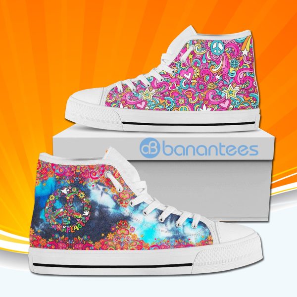 Floral Hippie Peace Sign High Top Canvas Shoes Sneakers For Men And Women Product Photo