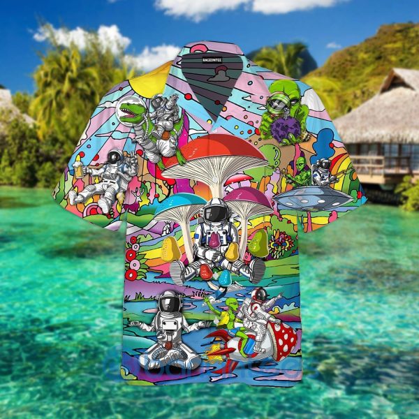 Funny Astronaut Are Playing With Alien Hippie Mushroom Hawaiian Shirt Product Photo