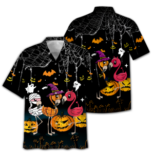 Funny Flamingo Chibi Happy Halloween Hawaiian Shirt - Short-Sleeve Hawaiian Shirt - Black