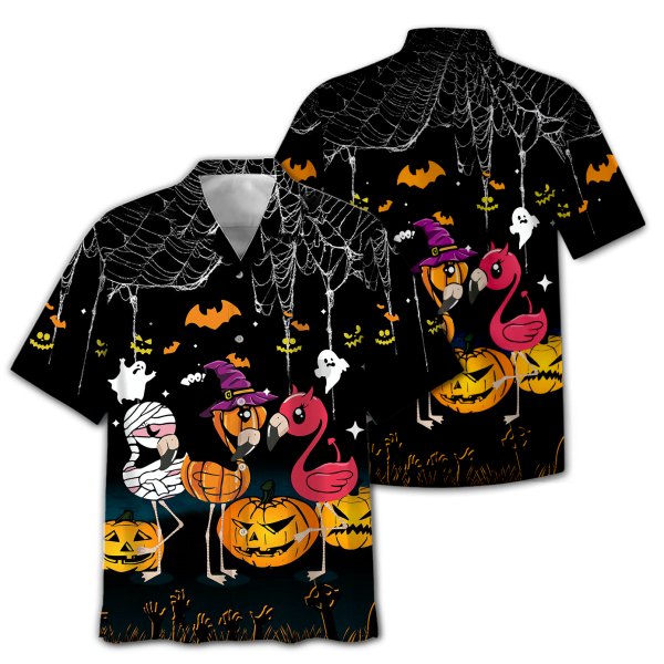 Funny Flamingo Chibi Happy Halloween Hawaiian Shirt - Short-Sleeve Hawaiian Shirt - Black