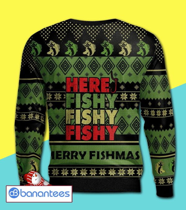 Here Fishy Merry Xmas Full Print Ugly Christmas Sweater Product Photo