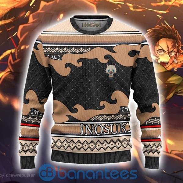 Inosuke Hashibira Anime Ugly Christmas Sweater Demon Slayer Chibi All Over Printed Shirt Product Photo