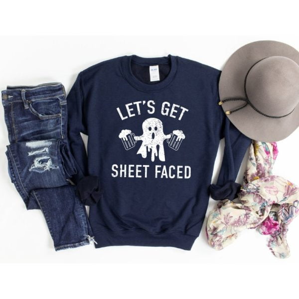 Let's Get Sheet Faced Ghost Drink Beer Halloween Sweatshirt Product Photo