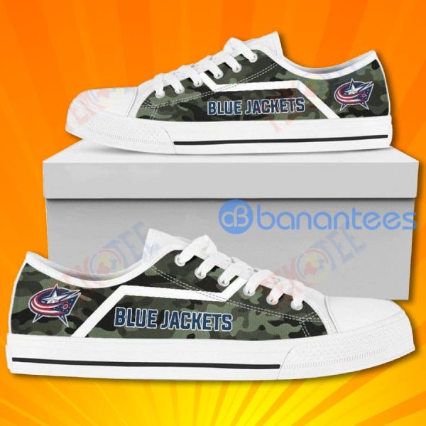 Mens Womens Simple Camo Columbus Blue Jackets Lovely Design Low Top Canvas Shoes Product Photo