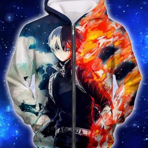 My Hero Academia Blazing Hot and Icy Cold Half Cold Half Hot Shoto Cool Anime 3D Shirt - 3D Zip Hoodie - Black