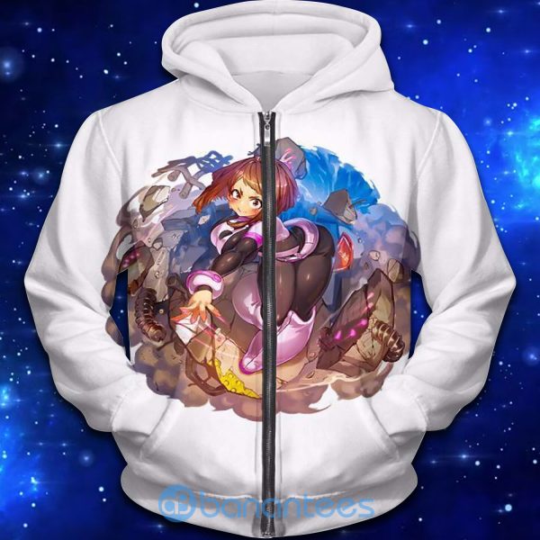 My Hero Academia Super Cute Gravity Girl Uraraka Action White All Over Printed Shirt - 3D Zip Hoodie - White