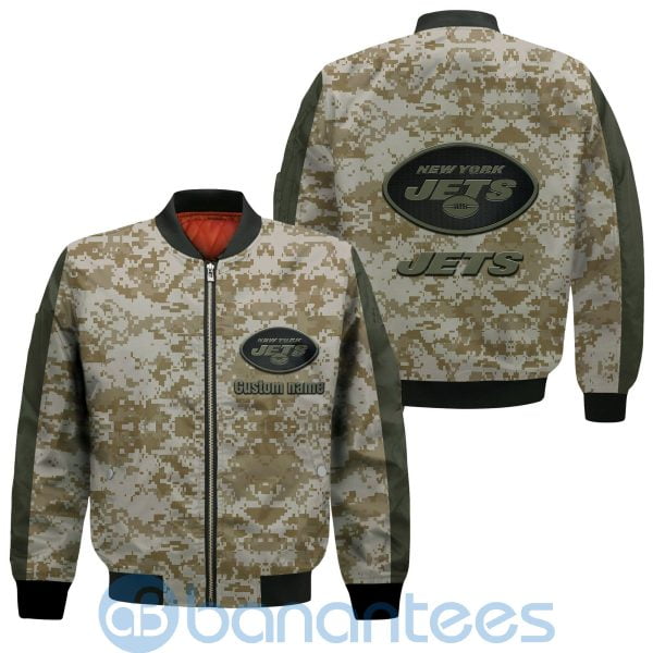 New York Jets American Football Team Logo Camouflage Custom Name Bomber Jacket Product Photo