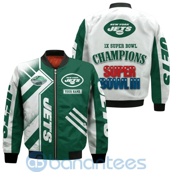 New York Jets Super Bowl Champions Custom Name Number Bomber Jacket Product Photo