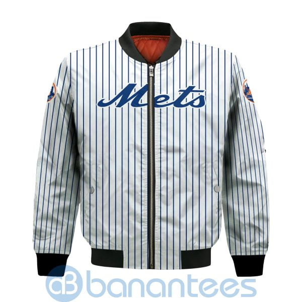 New York Mets Stripes Custom Name Number Bomber Jacket Product Photo