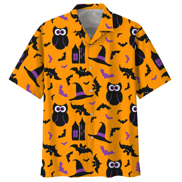 Owl Halloween Pattern Funny Halloween Hawaiian Shirt - Short-Sleeve Hawaiian Shirt - Orange