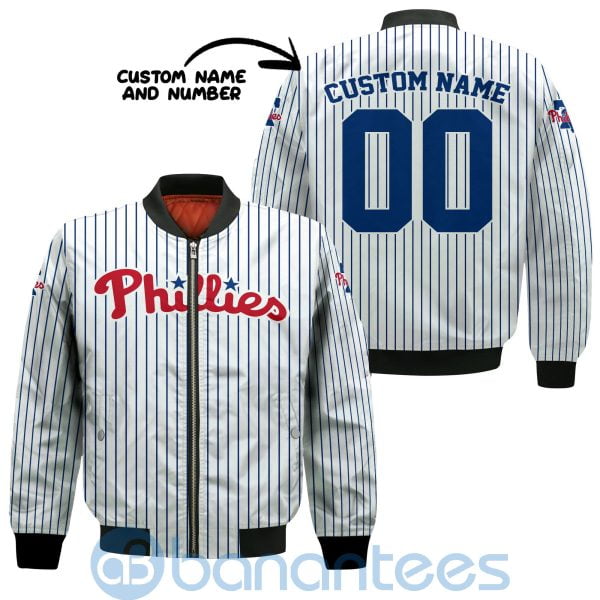Philadelphia Phillies Stripes Custom Name Number Bomber Jacket Product Photo