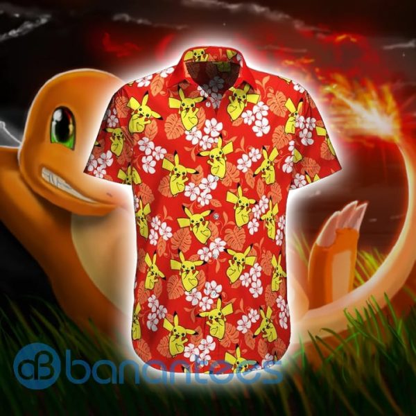 Pikachu Pokemon Tropical Flowers And Leaf Red Hawaiian Shirt Product Photo