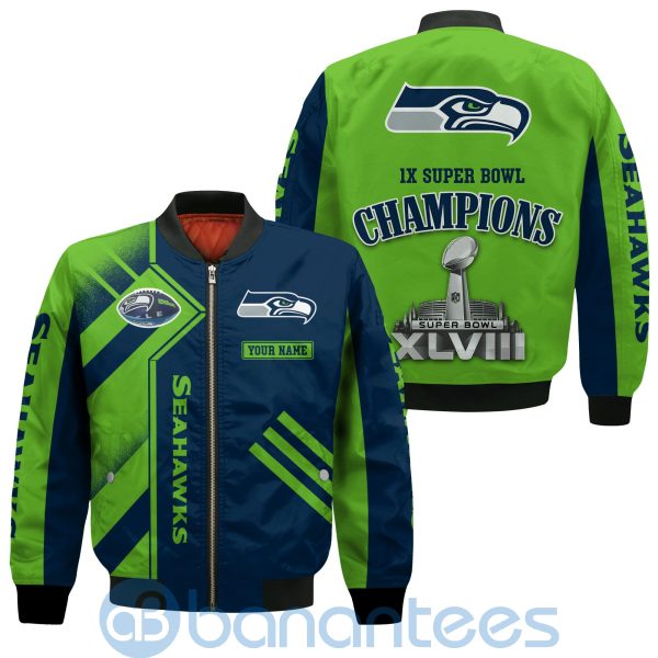 Seattle Seahawks Super Bowl Champions Custom Name Number Bomber Jacket Product Photo