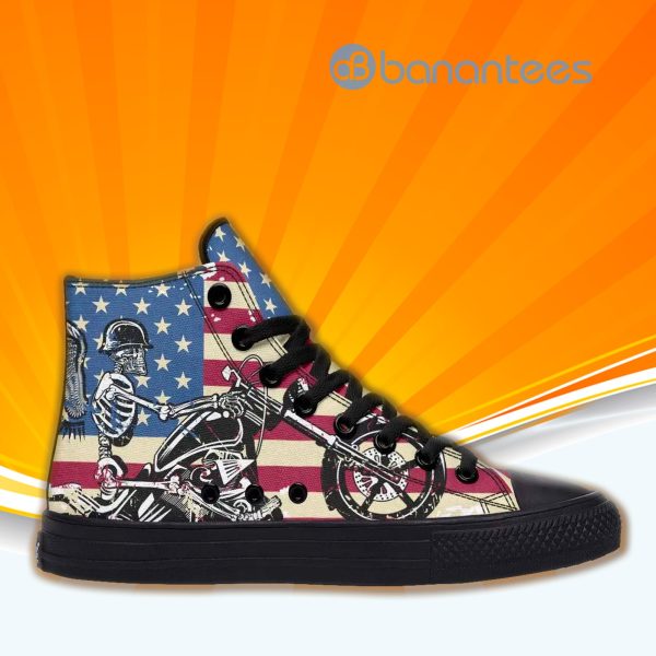 Skull American Flag Motorcycle Biker High Top Canvas Shoes Sneakers For Men And Women Product Photo