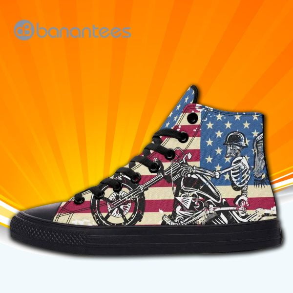 Skull American Flag Motorcycle Biker High Top Canvas Shoes Sneakers For Men And Women Product Photo