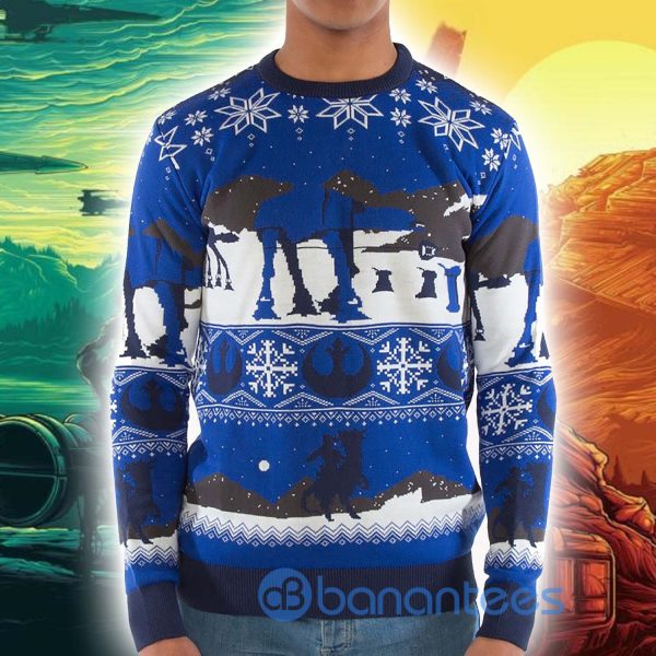 Star Wars Happy Holiday Blue Knitted Pattern Ugly Christmas Sweater Product Photo
