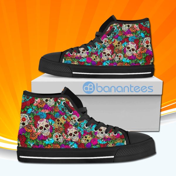 Sugar Skull And Flowers High Top Canvas Shoes Sneakers For Men And Women Product Photo