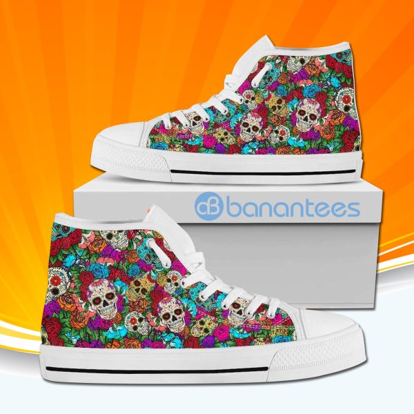 Sugar Skull And Flowers High Top Canvas Shoes Sneakers For Men And Women Product Photo